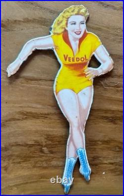 Vintage Porcelain VEEDOL LADY Cut-Out Sign 6 X 11