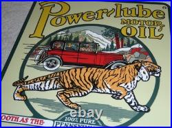 Vintage Power-lube Motor Oil Tiger 12 Porcelain Metal Gasoline Sign Powerine Co