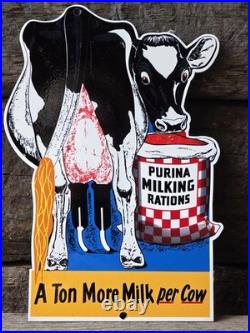 Vintage Purina Milking Rations Porcelain Sign A Ton Of Milk Per Cow Feed 8×12