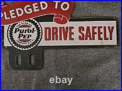 Vintage Purol Pep Porcelain Sign Old Pure Oil Plate Tag Topper Drive Safely Sign