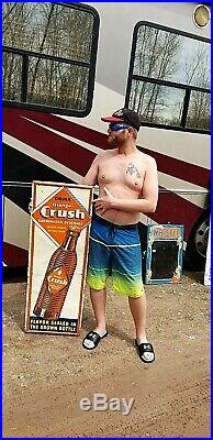 Vintage RARE Vertical Orange Crush Soda Pop Metal Sign With Crushy & Bottle WOW