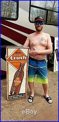 Vintage RARE Vertical Orange Crush Soda Pop Metal Sign With Crushy & Bottle WOW