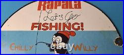 Vintage Rapala Fishing Lures Ad Sign Chilly Willy Porcelain Gas Pump Sign