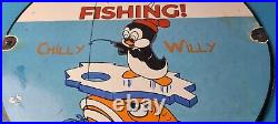 Vintage Rapala Fishing Lures Ad Sign Chilly Willy Porcelain Gas Pump Sign