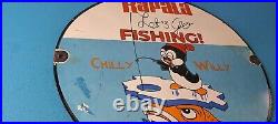 Vintage Rapala Fishing Lures Ad Sign Chilly Willy Porcelain Gas Pump Sign