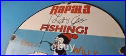 Vintage Rapala Fishing Lures Ad Sign Chilly Willy Porcelain Gas Pump Sign