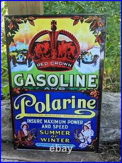 Vintage Red Crown Gasoline & Polarine Porcelain Gas Station Sign 12 X 8