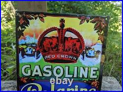 Vintage Red Crown Gasoline & Polarine Porcelain Gas Station Sign 12 X 8