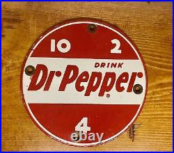 Vintage Red Dr Pepper 10 2 4 Logo Porcelain Metal 5 Soda Pop Sign Pump Plate