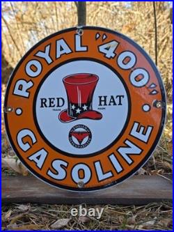 Vintage Red Hat Royal 400 Gasoline Porcelain Gas Pump Sign Oil 12
