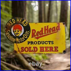 Vintage Red Head Gasoline Porcelain Sign Motor Oil Esso Mobil Sold Here Gas Oil