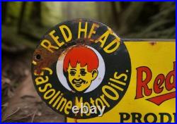 Vintage Red Head Gasoline Porcelain Sign Motor Oil Esso Mobil Sold Here Gas Oil