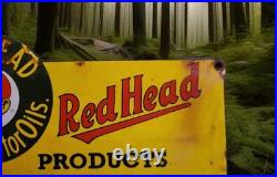 Vintage Red Head Gasoline Porcelain Sign Motor Oil Esso Mobil Sold Here Gas Oil