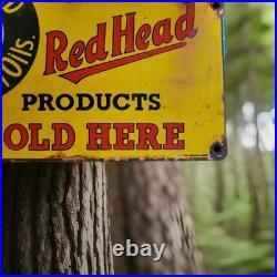 Vintage Red Head Gasoline Porcelain Sign Motor Oil Esso Mobil Sold Here Gas Oil