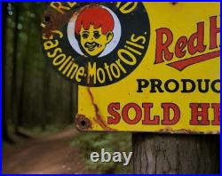 Vintage Red Head Gasoline Porcelain Sign Motor Oil Esso Mobil Sold Here Gas Oil
