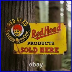Vintage Red Head Gasoline Porcelain Sign Motor Oil Esso Mobil Sold Here Gas Oil