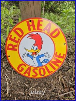 Vintage Red Head Gasoline Porcelain Woody Woodpecker Gas Oil Sign