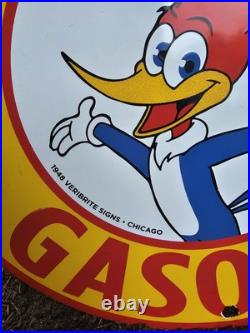 Vintage Red Head Gasoline Porcelain Woody Woodpecker Gas Oil Sign