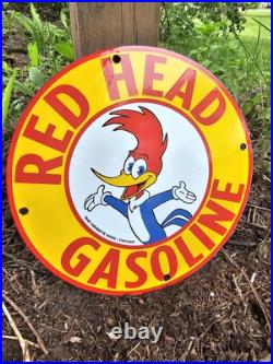 Vintage Red Head Gasoline Porcelain Woody Woodpecker Gas Oil Sign