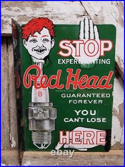 Vintage Red Head Porcelain Flange Sign Spark Plugs Auto Part Motor Lube Oil Gas