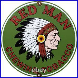 Vintage Red Man Chewing Tobacco Porcelain Sign Dealership Motor Gas Oil Chief