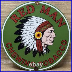 Vintage Red Man Chewing Tobacco Porcelain Sign Dealership Motor Gas Oil Chief