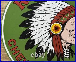 Vintage Red Man Chewing Tobacco Porcelain Sign Dealership Motor Gas Oil Chief