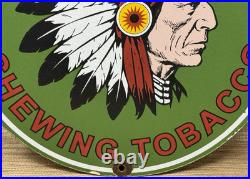 Vintage Red Man Chewing Tobacco Porcelain Sign Dealership Motor Gas Oil Chief