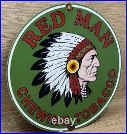 Vintage Red Man Chewing Tobacco Porcelain Sign Dealership Motor Gas Oil Chief