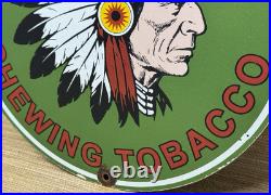 Vintage Red Man Chewing Tobacco Porcelain Sign Dealership Motor Gas Oil Chief