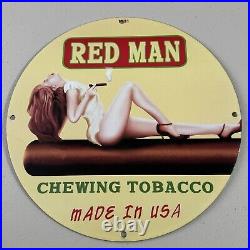 Vintage Red Man Chewing Tobacco Porcelain Sign Gas Oil Smoke Store Ad Pump Plate