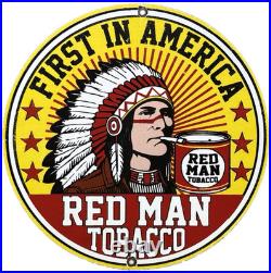 Vintage Red Man Tobacco Porcelain Sign Dealership Motor Gas Oil Chief Smoking