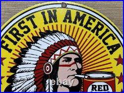 Vintage Red Man Tobacco Porcelain Sign Dealership Motor Gas Oil Chief Smoking