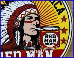 Vintage Red Man Tobacco Porcelain Sign Dealership Motor Gas Oil Chief Smoking