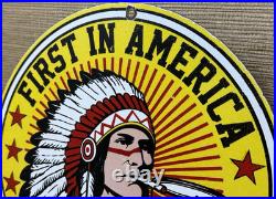 Vintage Red Man Tobacco Porcelain Sign Dealership Motor Gas Oil Chief Smoking