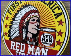 Vintage Red Man Tobacco Porcelain Sign Dealership Motor Gas Oil Chief Smoking