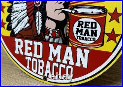 Vintage Red Man Tobacco Porcelain Sign Dealership Motor Gas Oil Chief Smoking