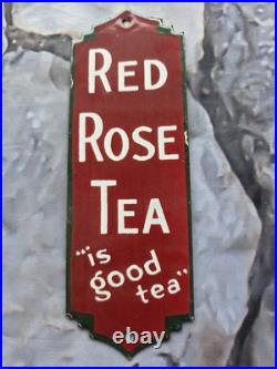 Vintage Red Rose Tea Door Palm Push Porcelain Sign 9×3