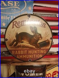 Vintage Remington Firearms Sign Rabbit Hunting Gas Pump Porcelain Dealer Sign