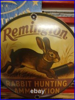 Vintage Remington Firearms Sign Rabbit Hunting Gas Pump Porcelain Dealer Sign