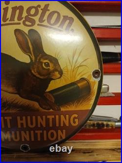 Vintage Remington Firearms Sign Rabbit Hunting Gas Pump Porcelain Dealer Sign