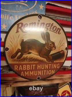 Vintage Remington Firearms Sign Rabbit Hunting Gas Pump Porcelain Dealer Sign