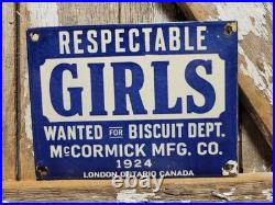 Vintage Respectable Girls Wanted Porcelain Sign Old Mccormick Biscuits Factory
