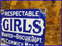 Vintage Respectable Girls Wanted Porcelain Sign Old Mccormick Biscuits Factory