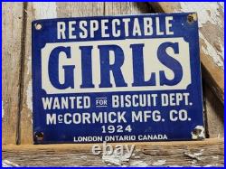 Vintage Respectable Girls Wanted Porcelain Sign Old Mccormick Biscuits Factory