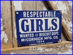 Vintage Respectable Girls Wanted Porcelain Sign Old Mccormick Biscuits Factory