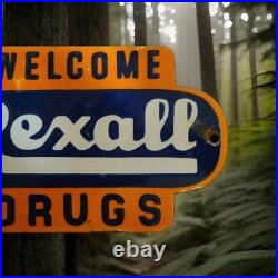 Vintage Rexall Drugs Porcelain Sign Drugs Welcome Walgreens Pharmacy Gas Oil