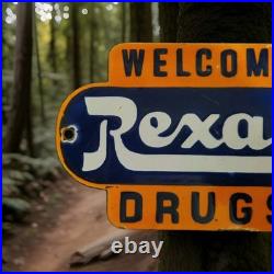 Vintage Rexall Drugs Porcelain Sign Drugs Welcome Walgreens Pharmacy Gas Oil