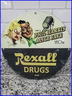 Vintage Rexall Drugs Porcelain Sign Pharmacy Medicine Store Shop Oil Gas Station