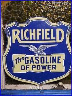 Vintage Richfield Porcelain Sign Gas Station Motor Oil Service Garage Shield